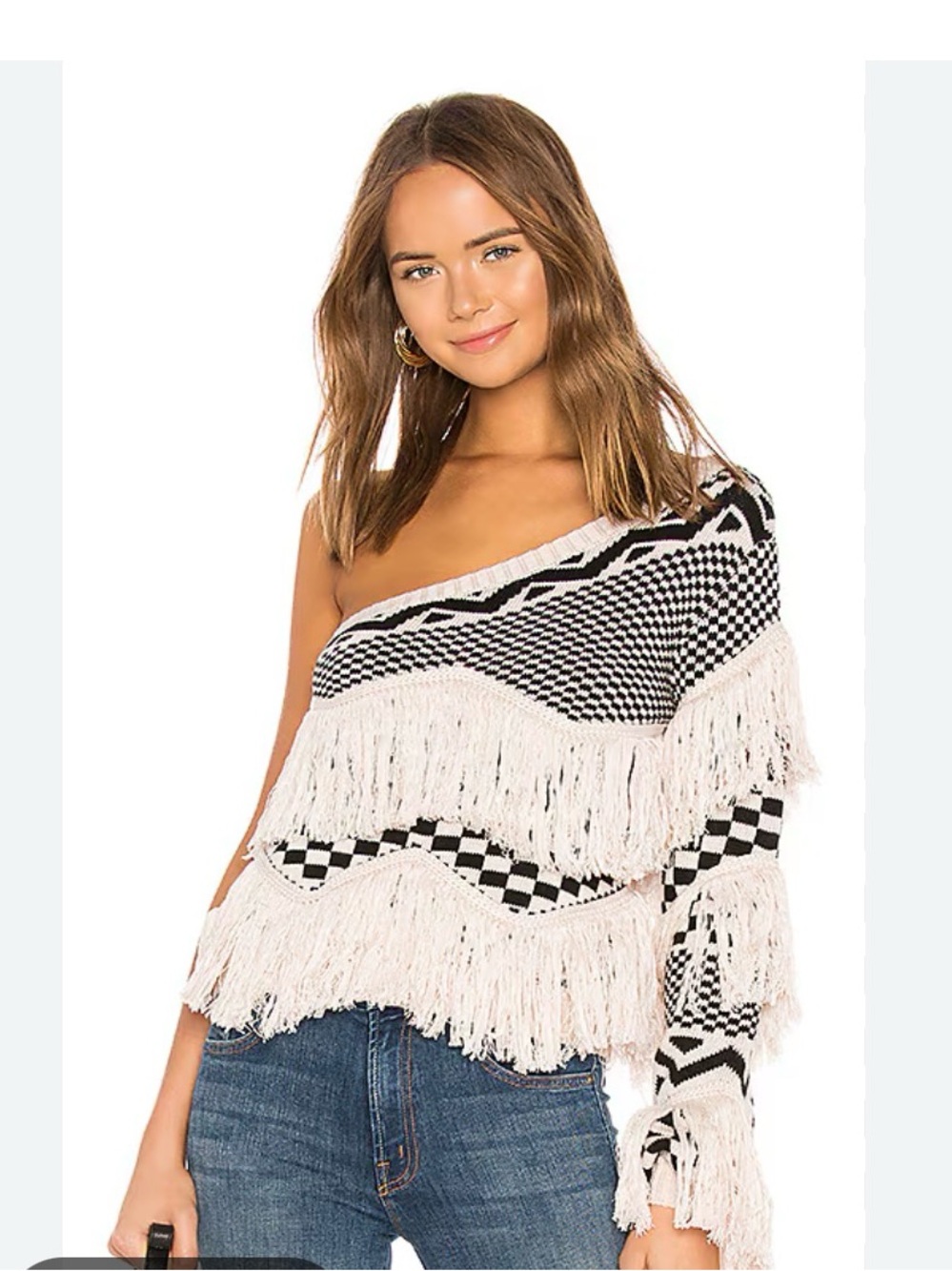 House of Harlow 1960 X Revolve One-Shoulder Black & Cream Fringe Knit Noa Sweate